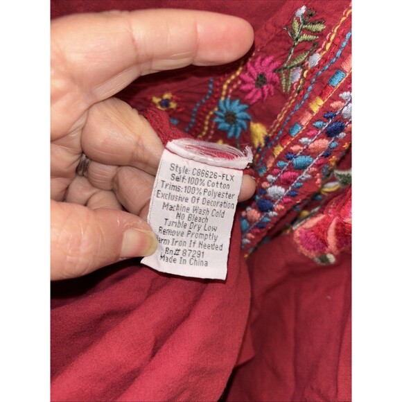 Johnny Was Peasant Blouse 1X Embroidered Cotton Top 3/4 Sleeve Pullover Red Slit - Picture 7 of 9